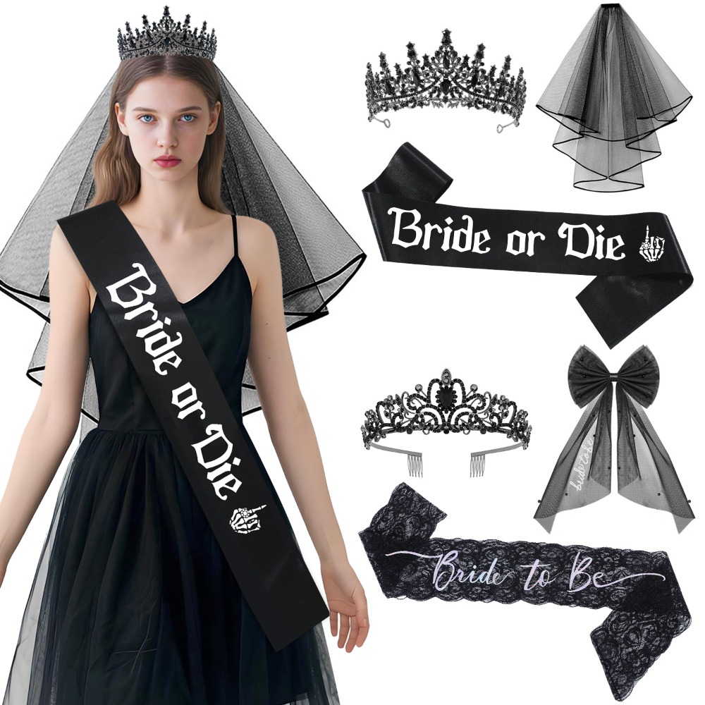 Bride Tribe Sash - 3개 세트 고딕 블랙 처녀 파티